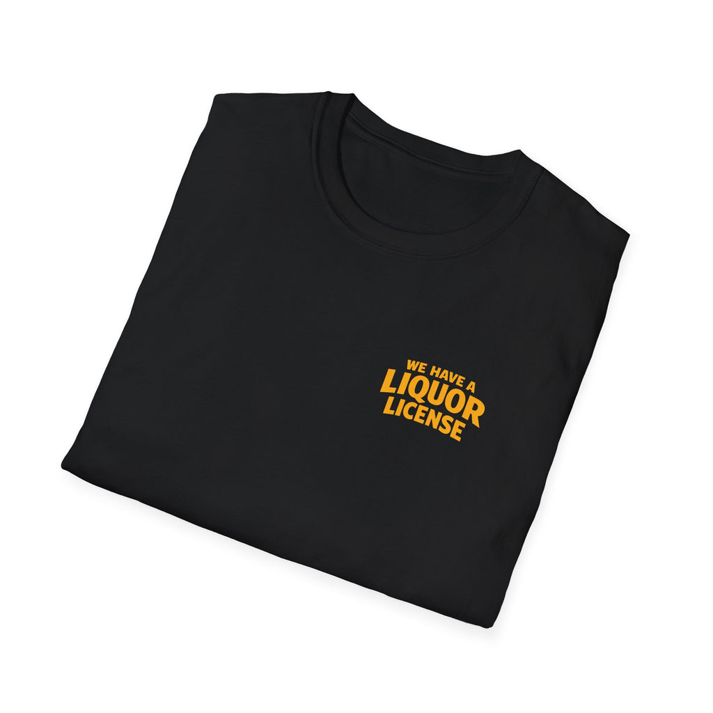 College Bag Boyz T-Shirt — "Liquor License" Chest Logo, Retro Varsity Script Back