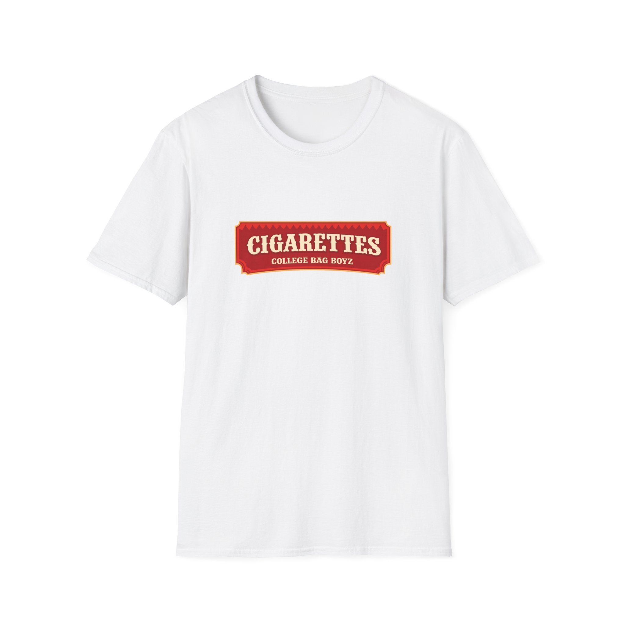 T-Shirt — 'Cigarettes' Front Patch & 'College Bag Boyz' Back Vintage Graphic