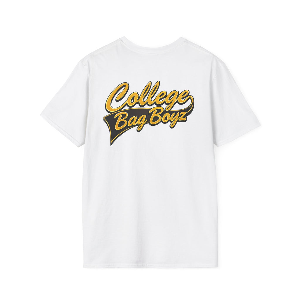 College Bag Boyz T-Shirt — "Liquor License" Chest Logo, Retro Varsity Script Back