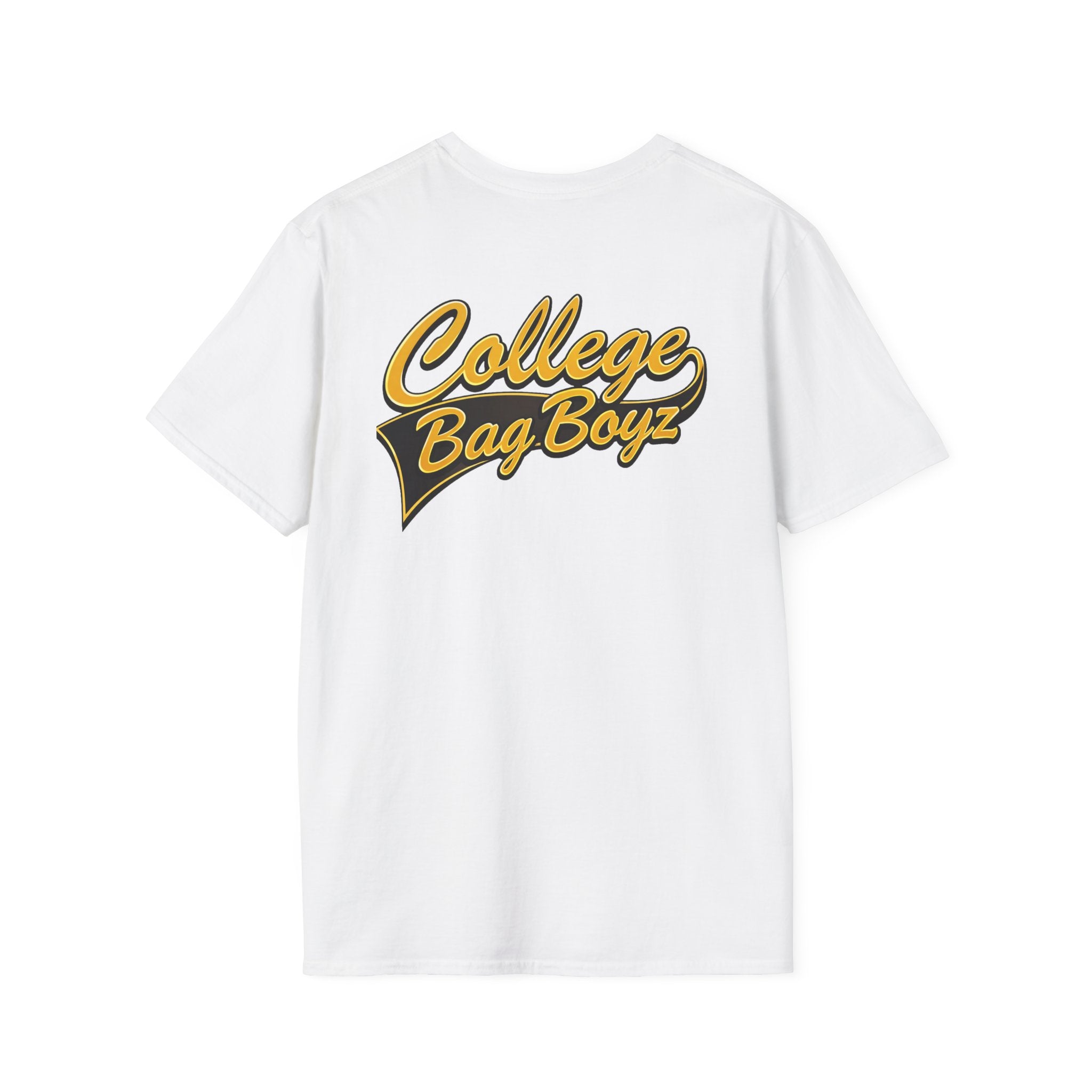 College Bag Boyz T-Shirt — "Liquor License" Chest Logo, Retro Varsity Script Back