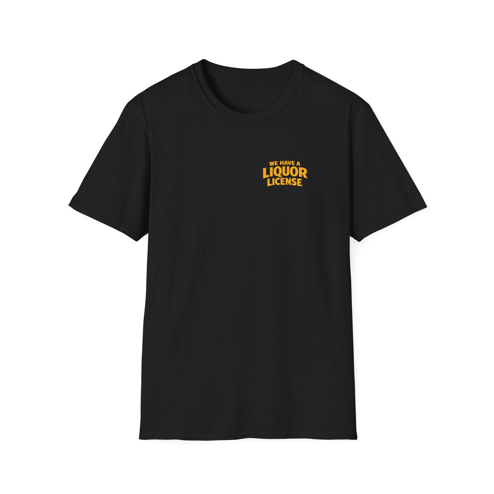 College Bag Boyz T-Shirt — "Liquor License" Chest Logo, Retro Varsity Script Back