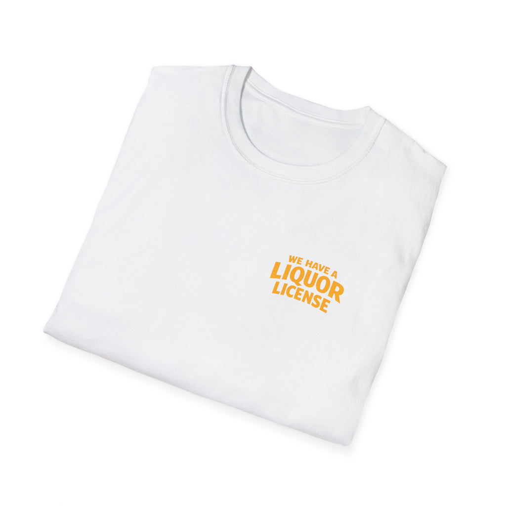 College Bag Boyz T-Shirt — "Liquor License" Chest Logo, Retro Varsity Script Back