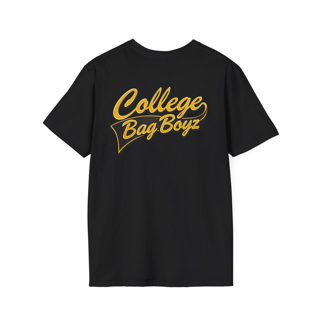 College Bag Boyz T-Shirt — "Liquor License" Chest Logo, Retro Varsity Script Back