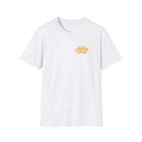 College Bag Boyz T-Shirt — "Liquor License" Chest Logo, Retro Varsity Script Back